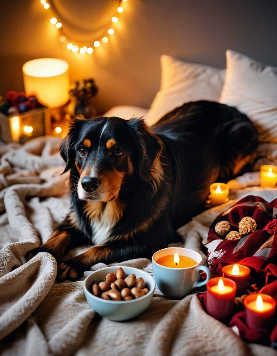 A cozy scene featuring a variety of nutritious snacks like nuts, fruits, and dark chocolate arranged on a plush blanket. A warm drink, like herbal tea, sits nearby, surrounded by soft pillows. In the background, a gentle glow from fairy lights creates an inviting atmosphere. A cute pet snuggles close, emphasizing warmth and affection. super-realistic. warm tones. soft focus.