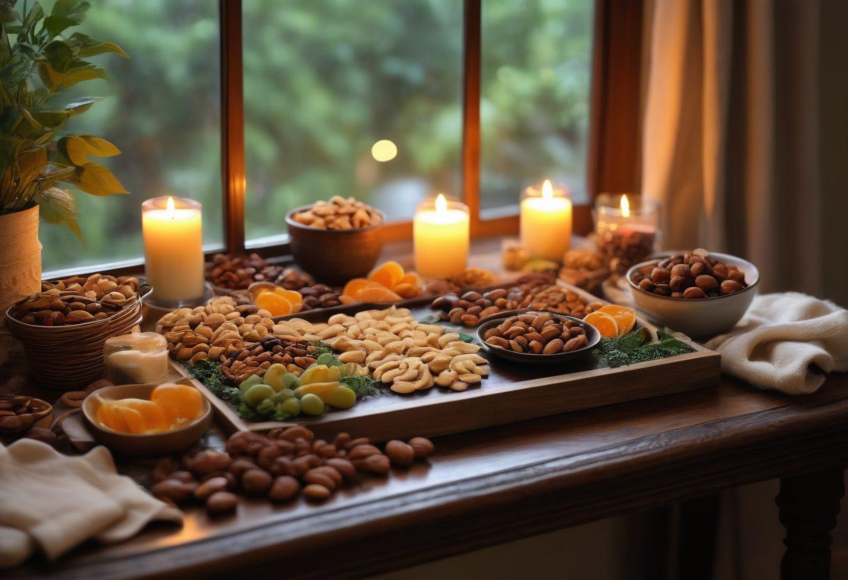 A cozy, romantic setting featuring a beautifully arranged wooden table with a variety of healthy snacks like mixed nuts, dried fruits, and dark chocolate, surrounded by soft candlelight. Include a pair of hands playfully sharing a snack, and a backdrop of lush greenery through a window symbolizing nature and wellness. Create an atmosphere of warmth and affection with soft floral accents. super-realistic. warm tones. soft focus.