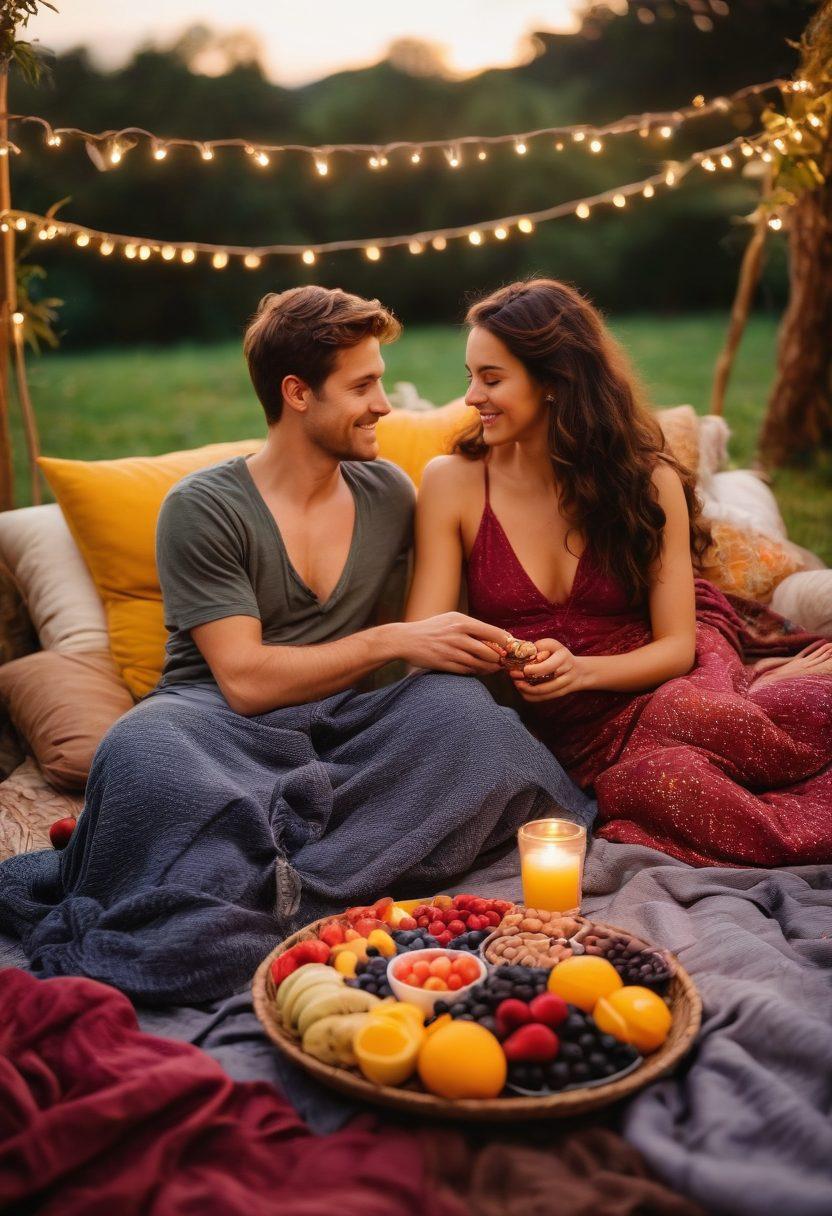 A cozy, intimate setting featuring a beautifully arranged picnic spread of colorful, healthy snacks like fresh fruits, nuts, and dark chocolate, surrounded by twinkling fairy lights and soft cushions. Include a captivated couple sharing a joyful moment, eyes locked, enhancing the romantic atmosphere. The background hints at a sunset sky to evoke warmth and love. vibrant colors. soft focus.